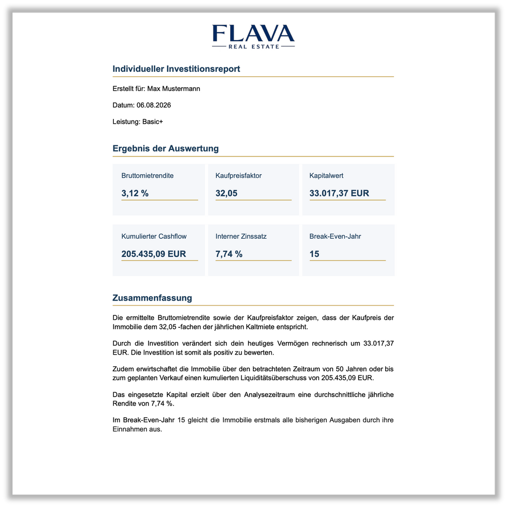 FLAVA Real Estate Basic+ Investitionsreport - Immobilienanalyse mit 10-Jahres-Prognose - Ergebnis