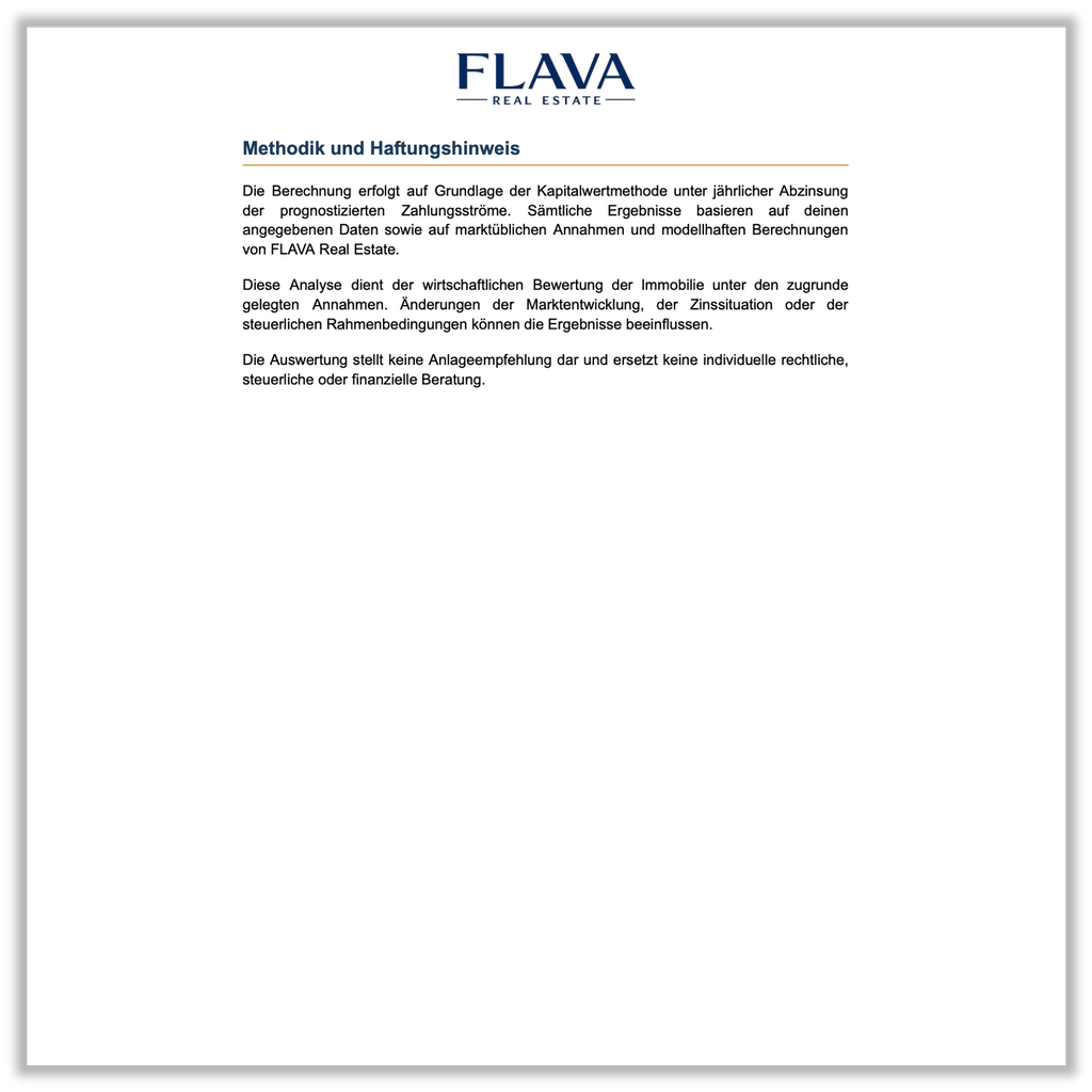 FLAVA Real Estate Basic+ Investitionsreport - Immobilienanalyse mit 10-Jahres-Prognose - Haftungshinweis