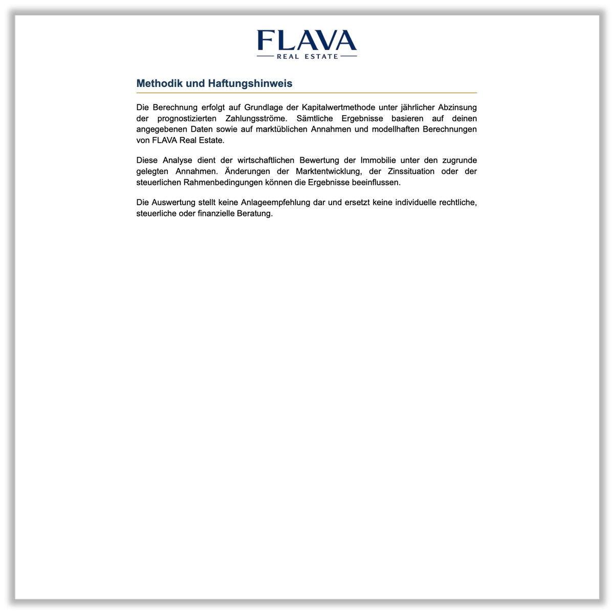 FLAVA Real Estate Basic+ Investitionsreport - Immobilienanalyse mit 10-Jahres-Prognose - Haftungshinweis